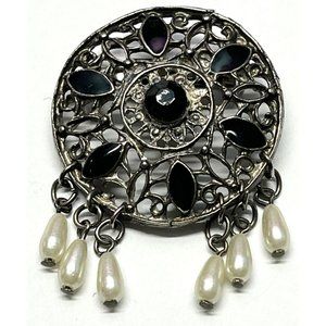 Vintage filigree black stone pearl brooch pin